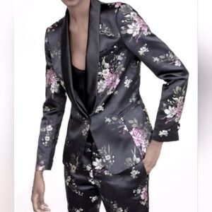 Zara Jacquart Black Women's Floral Print Suit Jacket Sz XS